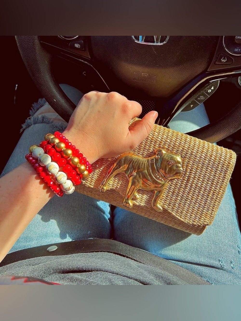 Lisi Lerch Woven Straw Clutch with Gold Bulldog Accent